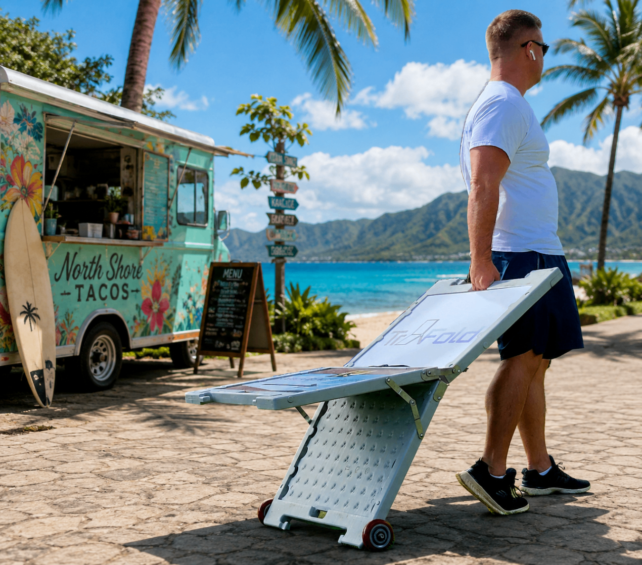 A person rolling TrYfold along a beachfront sidewalk