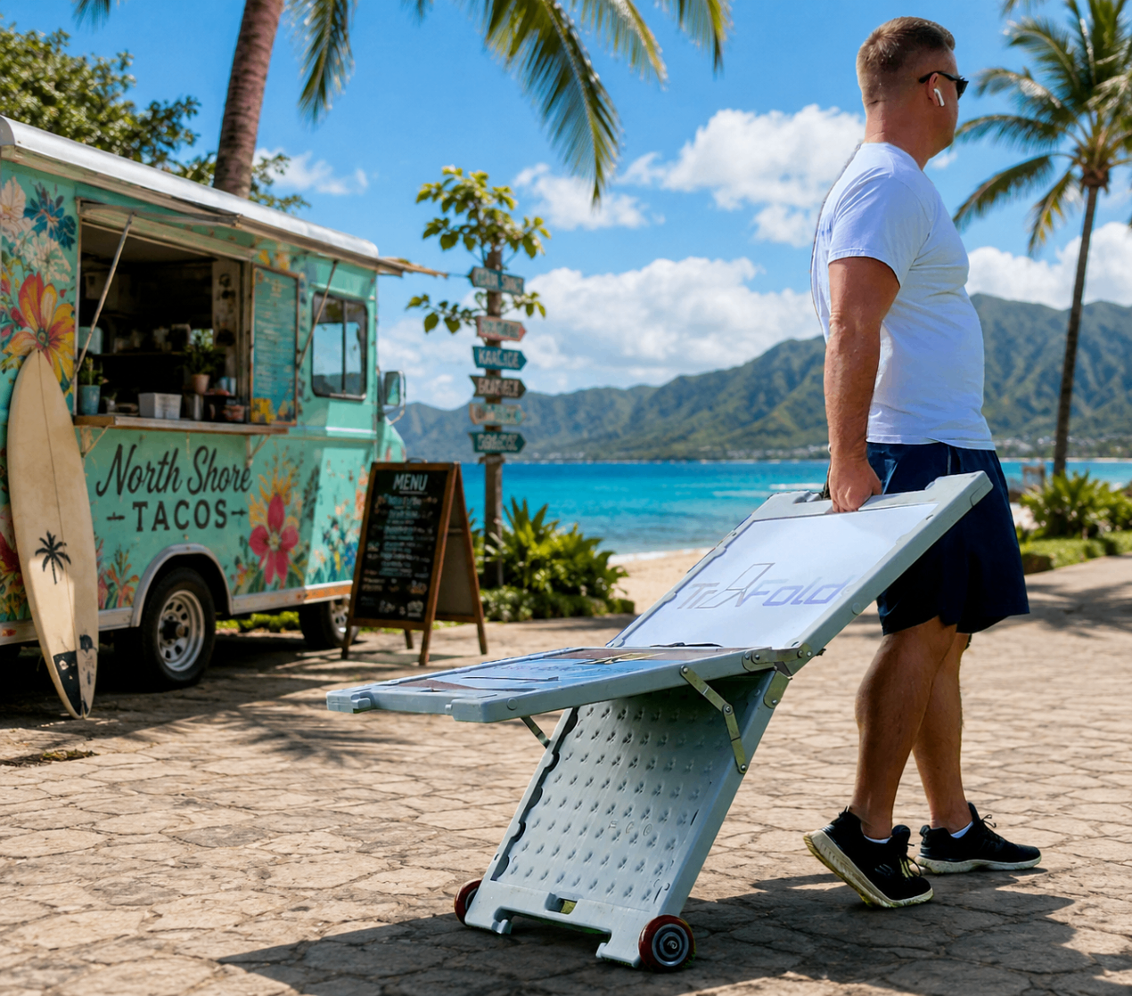 Person carrying a folded TrYfold sign near a food truck on the beach.