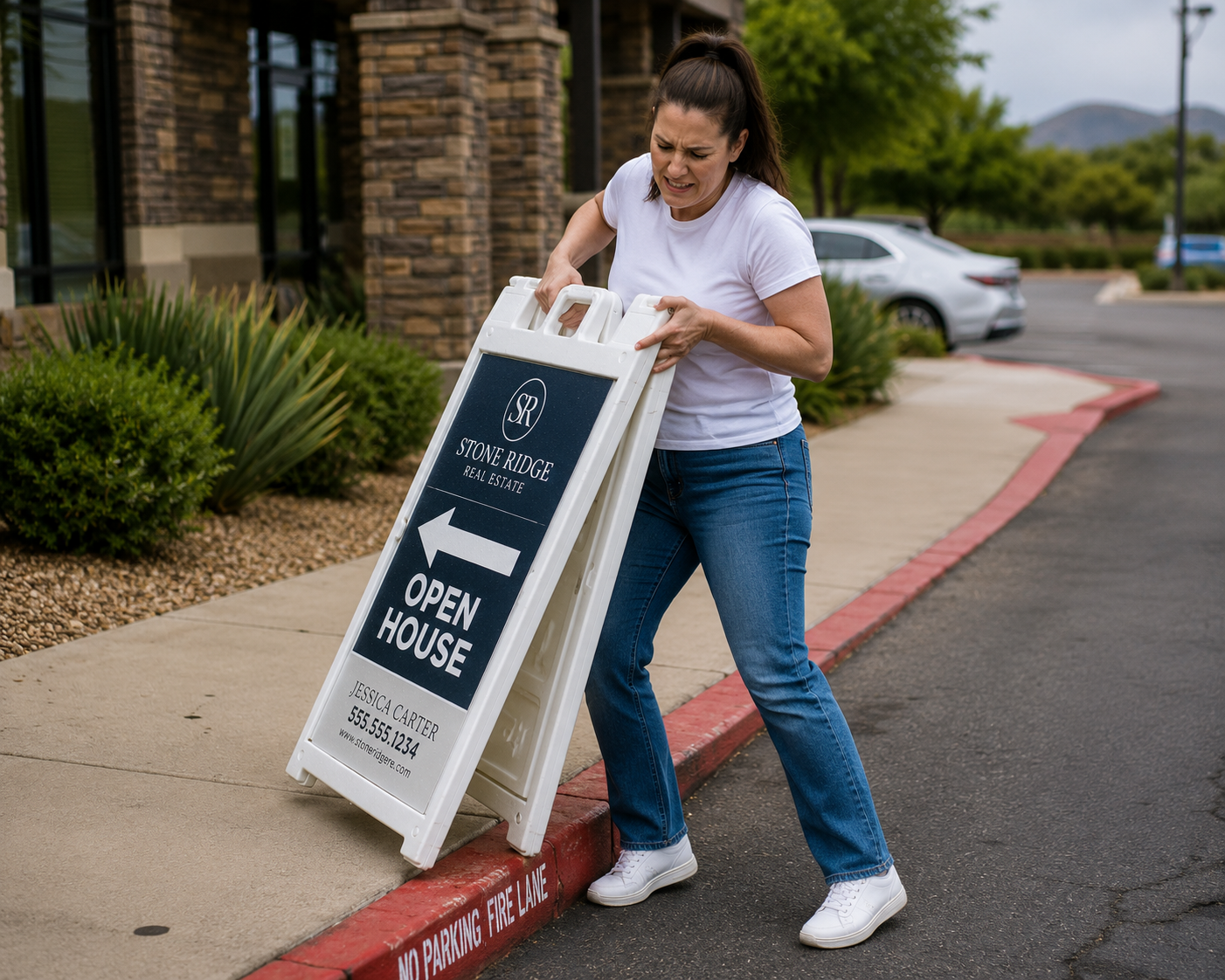 Realtor struggling to carry a bulky traditional A-frame sign