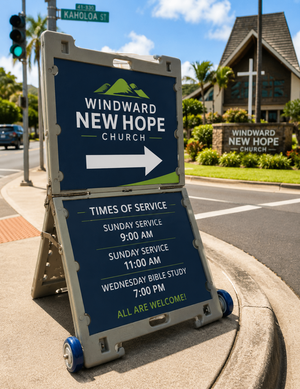 TrYfold church directional sign near a Hawaii church campus.
