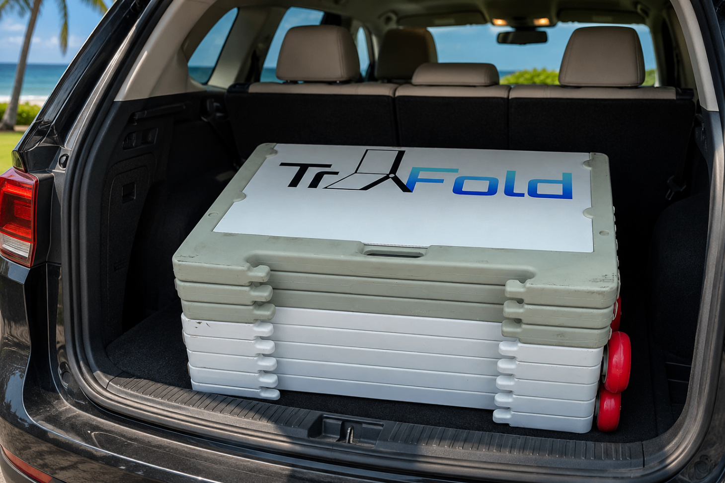 Multiple TrYfold units stacked neatly inside a vehicle trunk