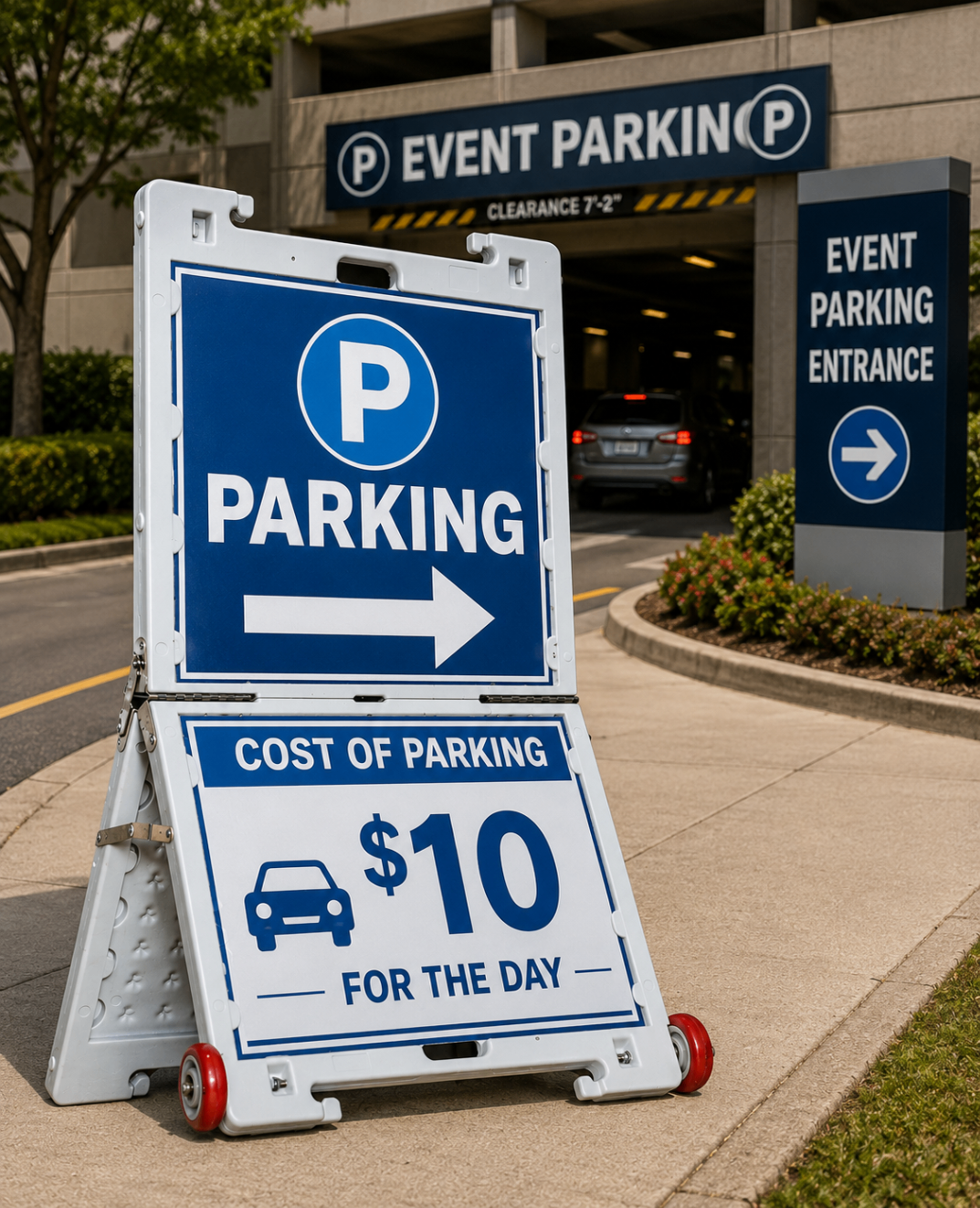 TrYfold directional sign used for traffic and parking control.