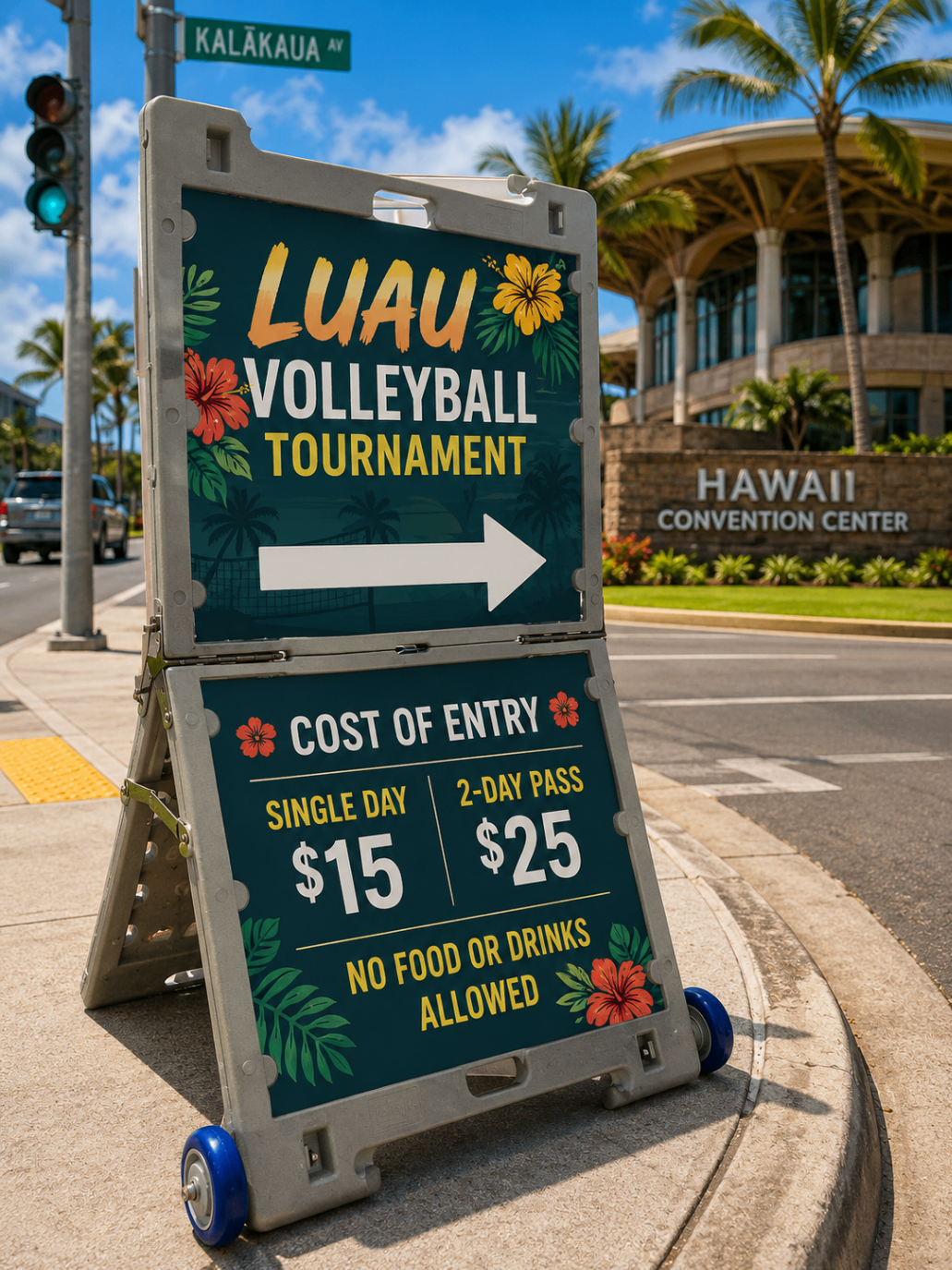 TrYfold directional sign in a large public venue environment.