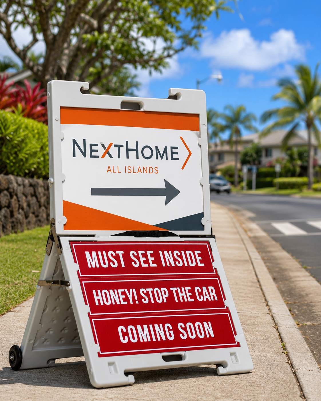 TrYfold open house sign on a residential Hawaii street corner.