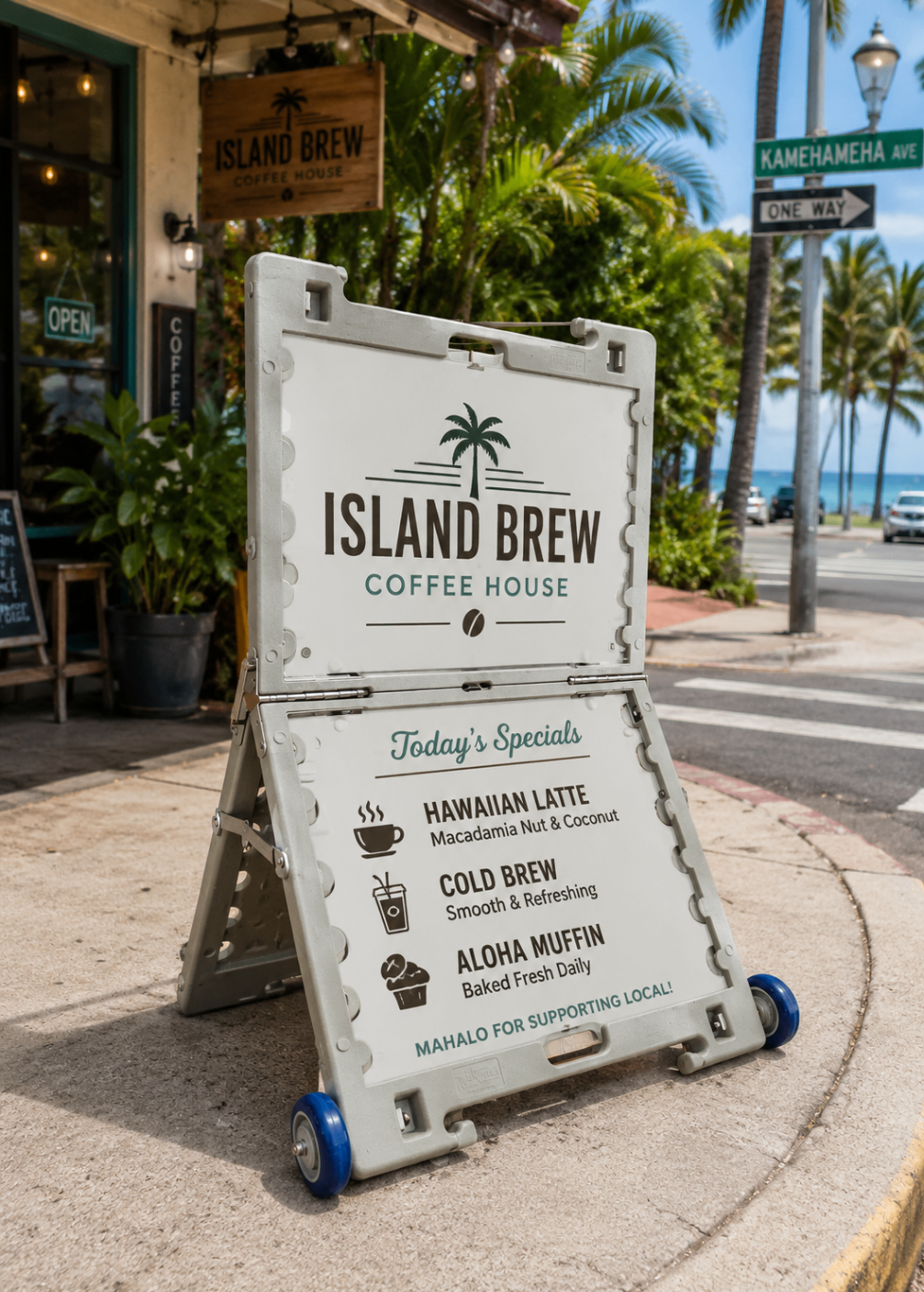 TrYfold sign outside a Hawaii coffee shop and restaurant setting.